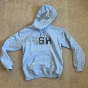 Light Blue DMV clothing brand “risk/rich” graphic hoodie